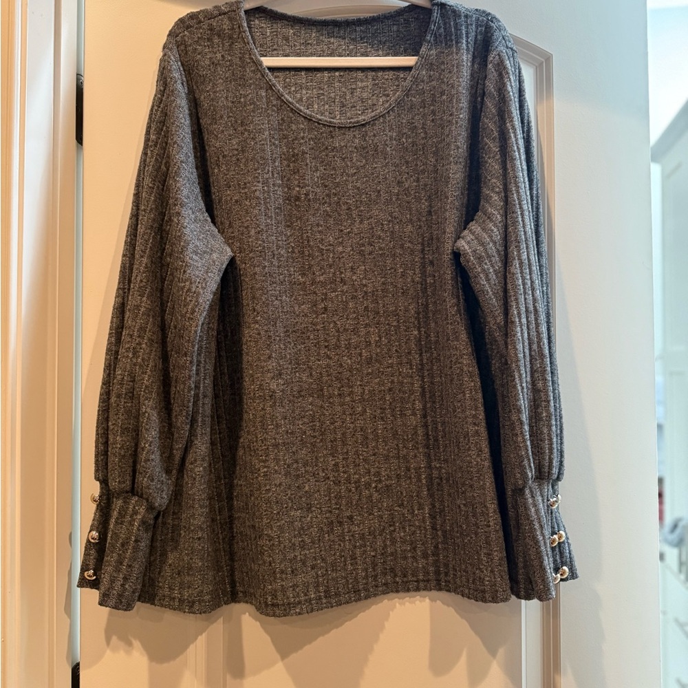 Gray Ribbed Long Sleeve Top with Button Cuffs